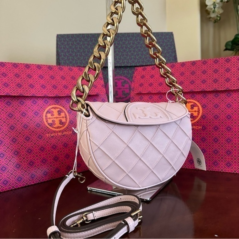 New Tory Burch MINI FLEMING SOFT POLISHED-GRAIN CRESCENT BAG